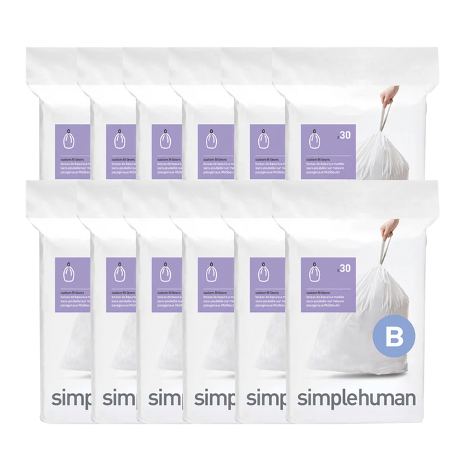Simplehuman Code B Custom Fit Liners bulk display, 10 packs of white bags with durable drawstring handles.