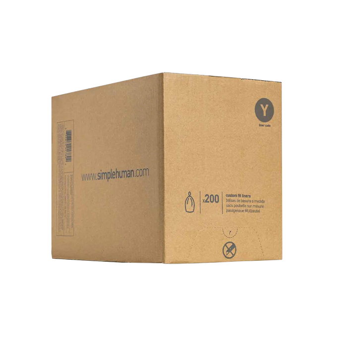Angled view of Simplehuman Code Y Custom Fit Liners bulk shipping box, 200 count, labeled with Y code.