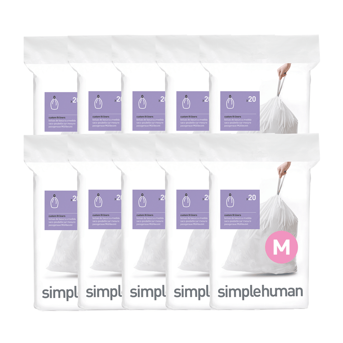 Simplehuman Code M white Custom Fit Liners bulk packaging, showing ten packs with easy tie drawstrings.