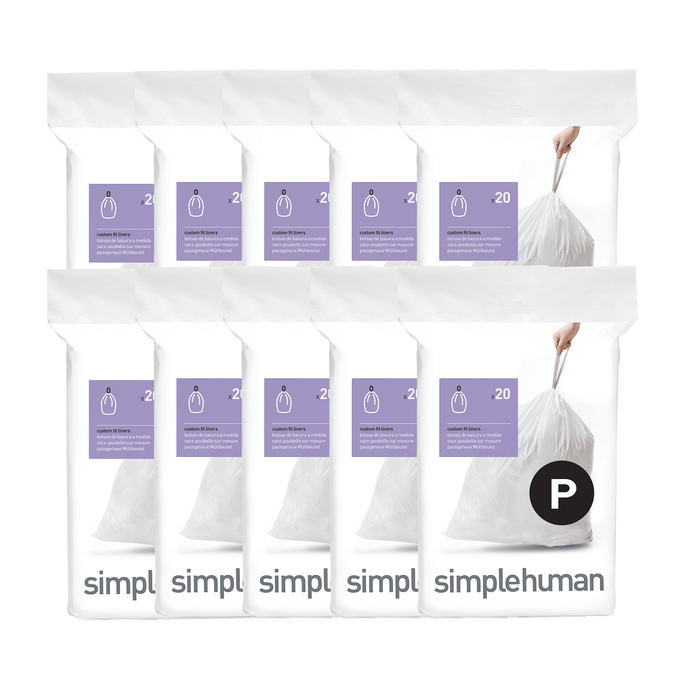 Simplehuman Code P Custom Fit Liners (White), ten 20-pack rolls shown, perfect fit trash bags.