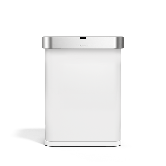Simplehuman 58L Rectangular Sensor Can in White, Brushed Stainless Steel lid, touch-free operation.