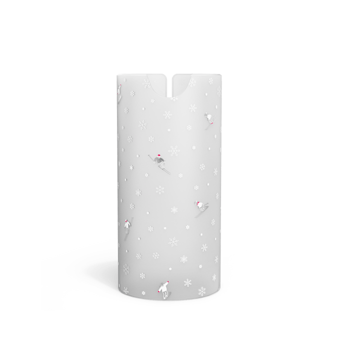 Front view of white, frosted holiday-themed sleeve for Simplehuman 14 oz. Sensor Pump, featuring small skiers and snowflakes.