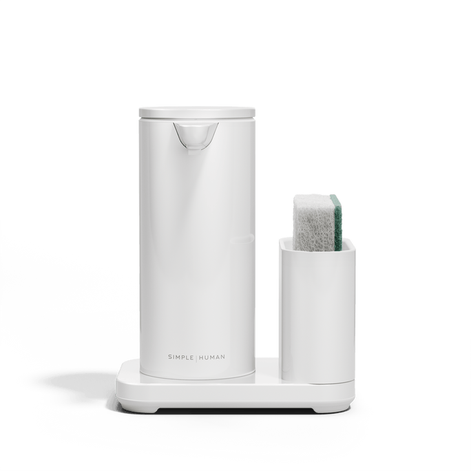Front view of Simplehuman White 9 oz Sensor Pump and Caddy, organized touch-free dispensing.