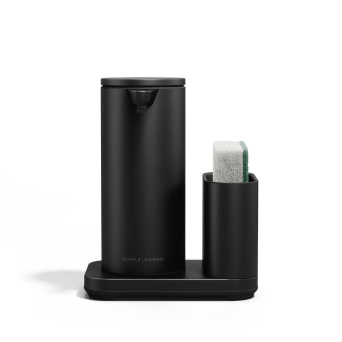Simplehuman Matte Black 9 oz Sensor Pump with Caddy, touch-free soap dispenser and integrated sponge holder.