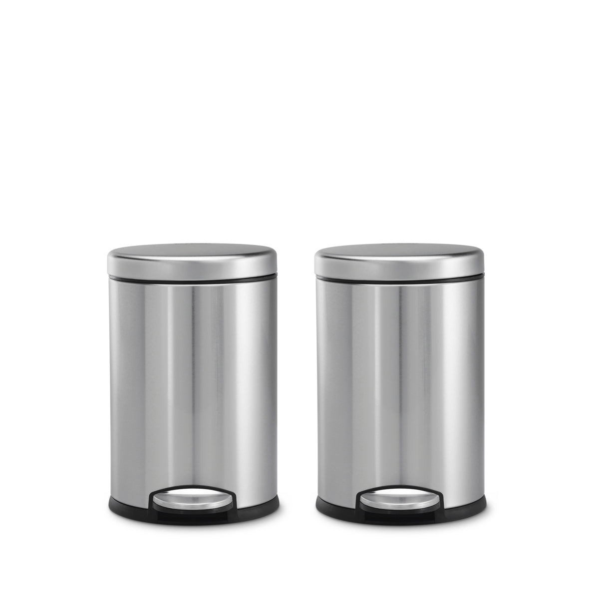 Simplehuman Round Step Cans (two) in Brushed Stainless Steel, hands-free operation via foot pedal