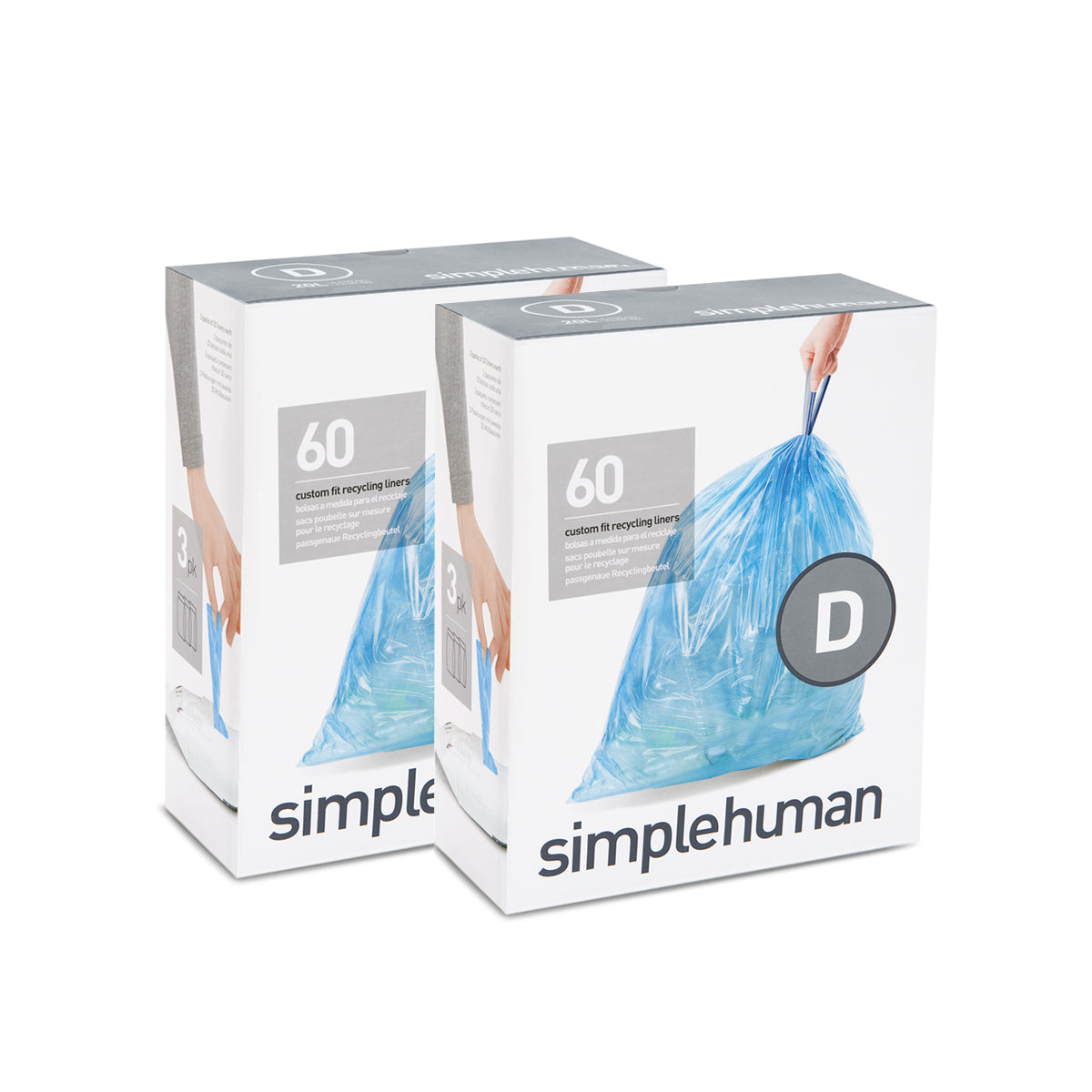 simplehuman Code D Custom Fit Clear Recycling Trash Can Liner, 3 Refill Packs (60 Count), 20 L/5.2 Gal