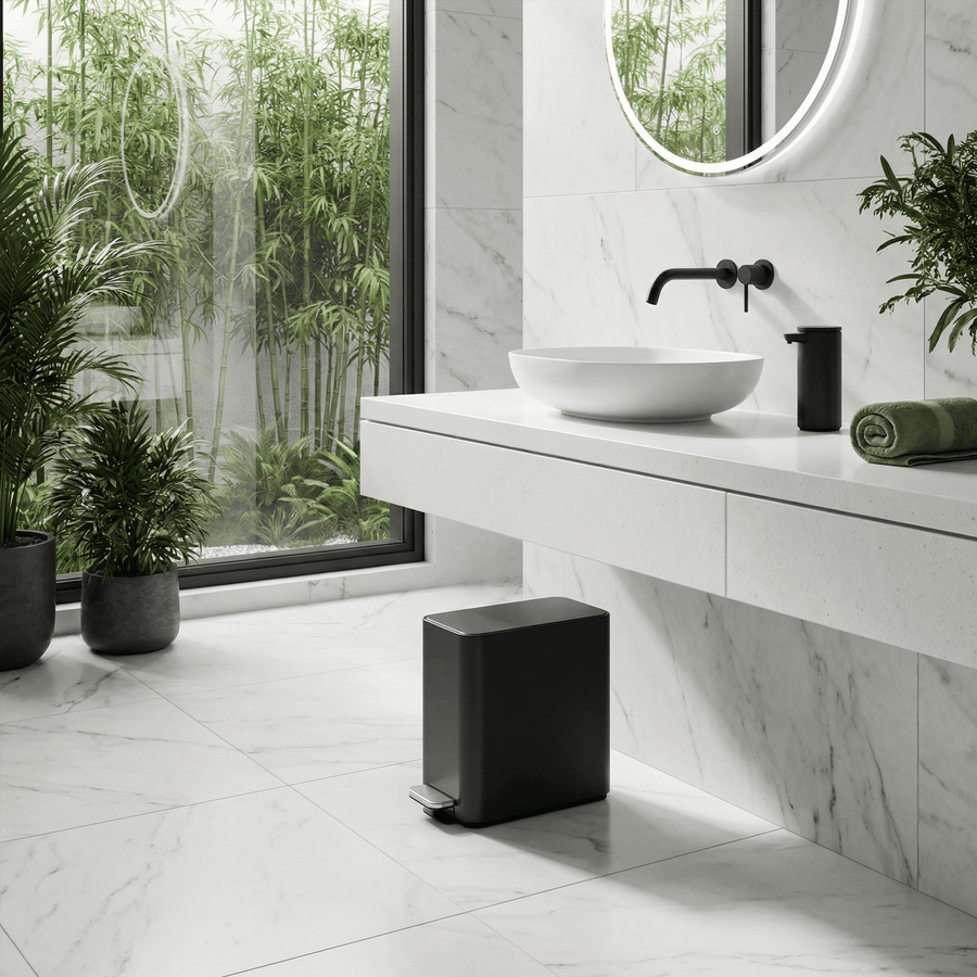 Simplehuman's 9L Slim Step Can in Matte Black in a bright and modern kitchen setting white marble floors, walls, and fresh plants. This image also feature Simplehuman's Matte Black Sensor Pump.