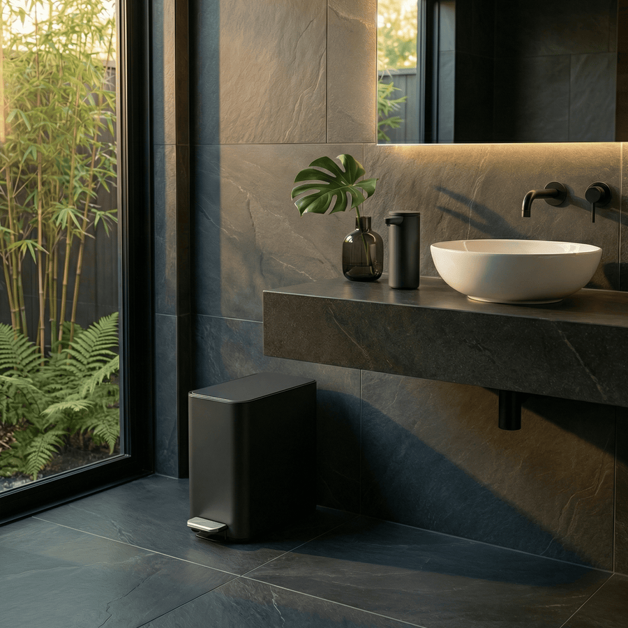 Simplehuman's 9L Matte Black Slim Step Can in a well-lit bathroom setting during sunset or sunrise hour with modern appliances and greenery featuring Simplehuman's Matte Black Sensor Pump.