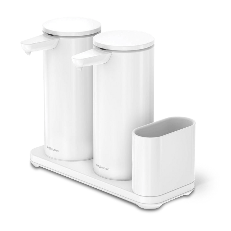 Simplehuman White Dual Sensor Pump 14 oz. + Caddy, touch-free rechargeable dispensers with storage.