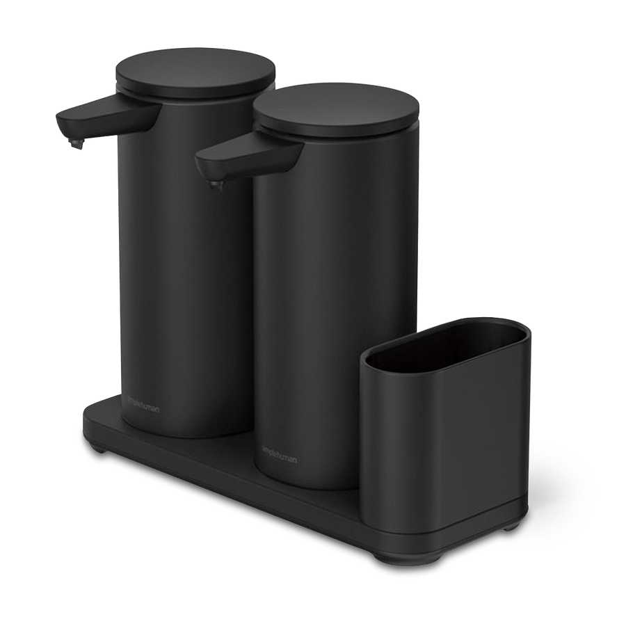 Simplehuman Matte Black Dual Sensor Pump 14 oz. + Caddy, touch-free rechargeable soap dispensers.