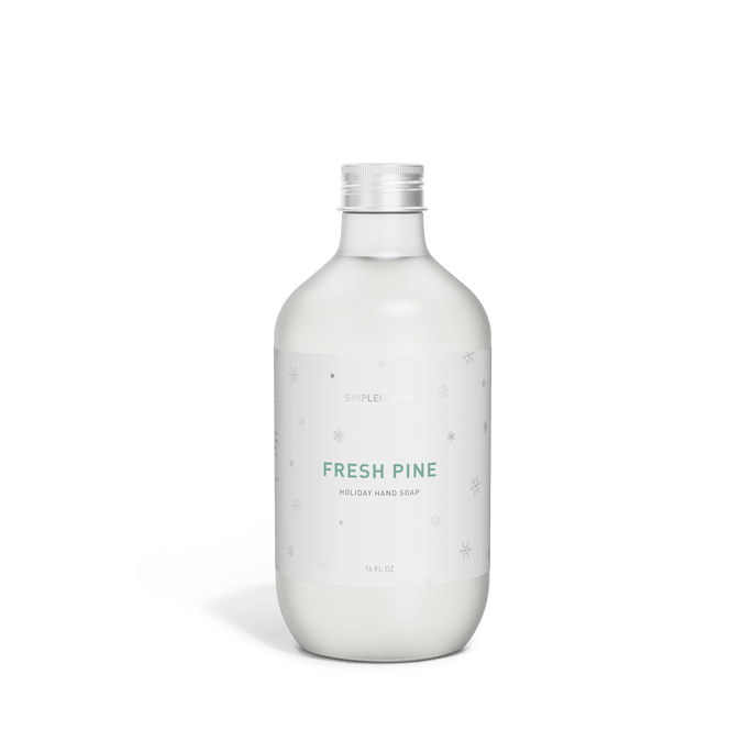 Simplehuman's 2025 Limited Edition Holiday Soap in a Fresh Pine scent. Front facing view of the bottle.