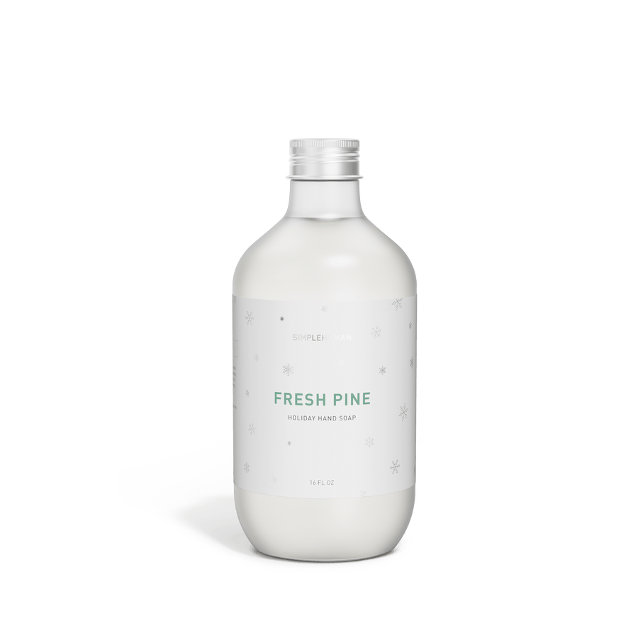 Simplehuman's 2025 Limited Edition Holiday Soap in a Fresh Pine scent. Front facing view of the bottle.