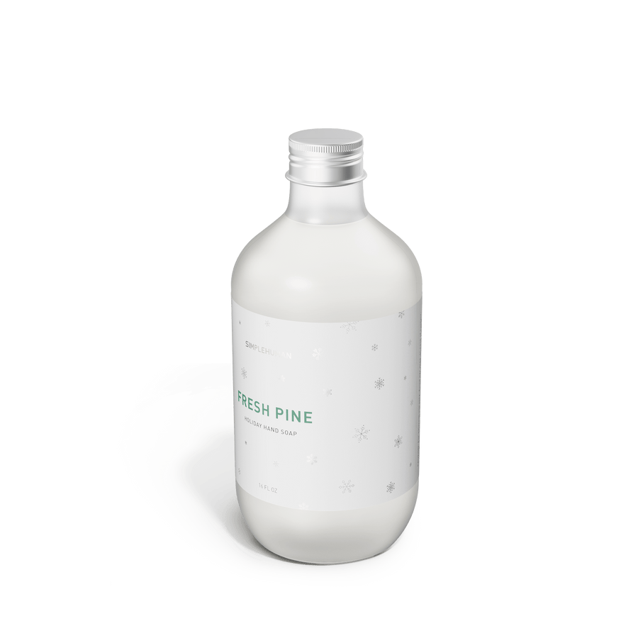 Simplehuman's 2025 Limited Edition Holiday Soap in a Fresh Pine scent. Angled view of the bottle.