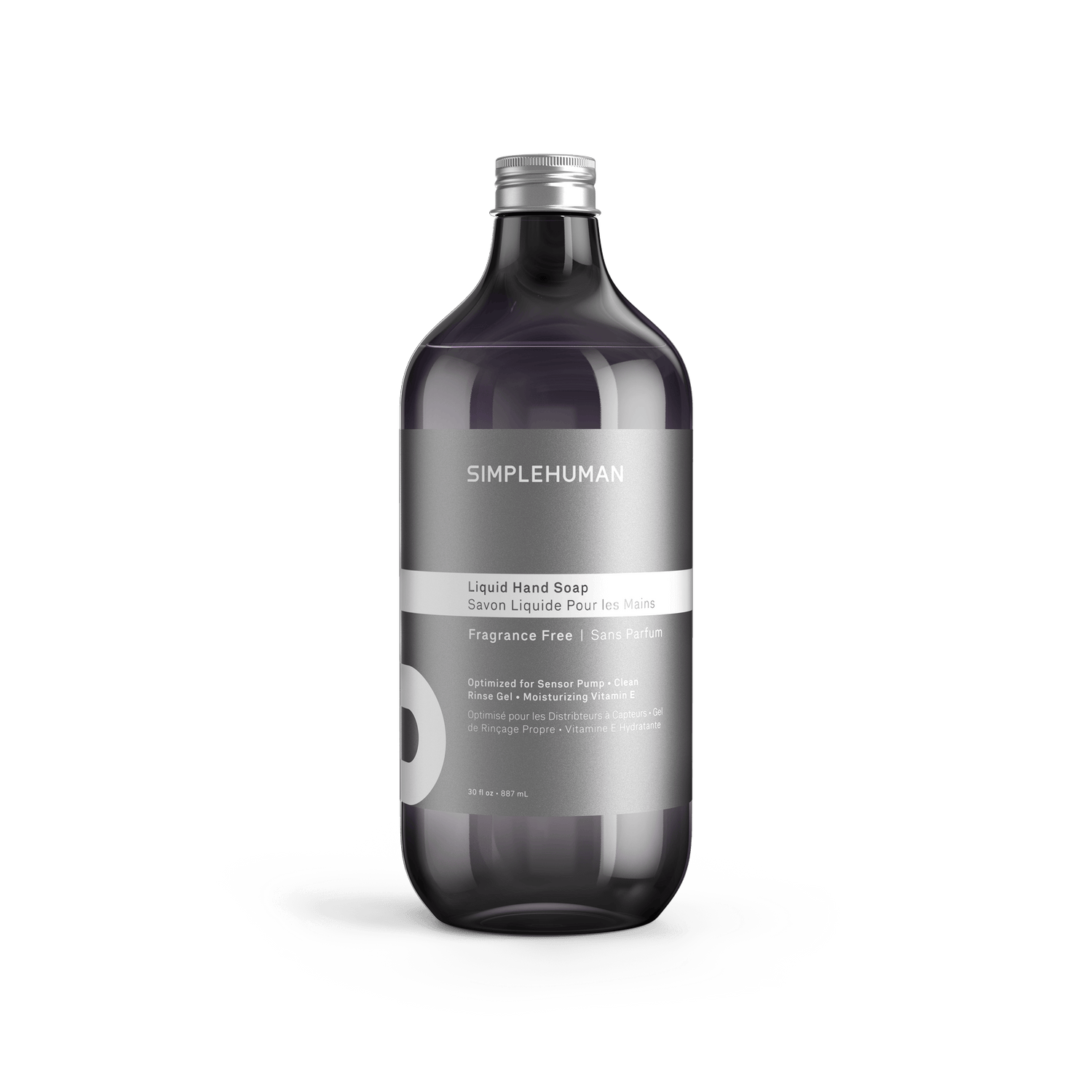 Simplehuman's Fragrance Free Liquid Hand Soap in a charcoal colored bottle and titanium cap.