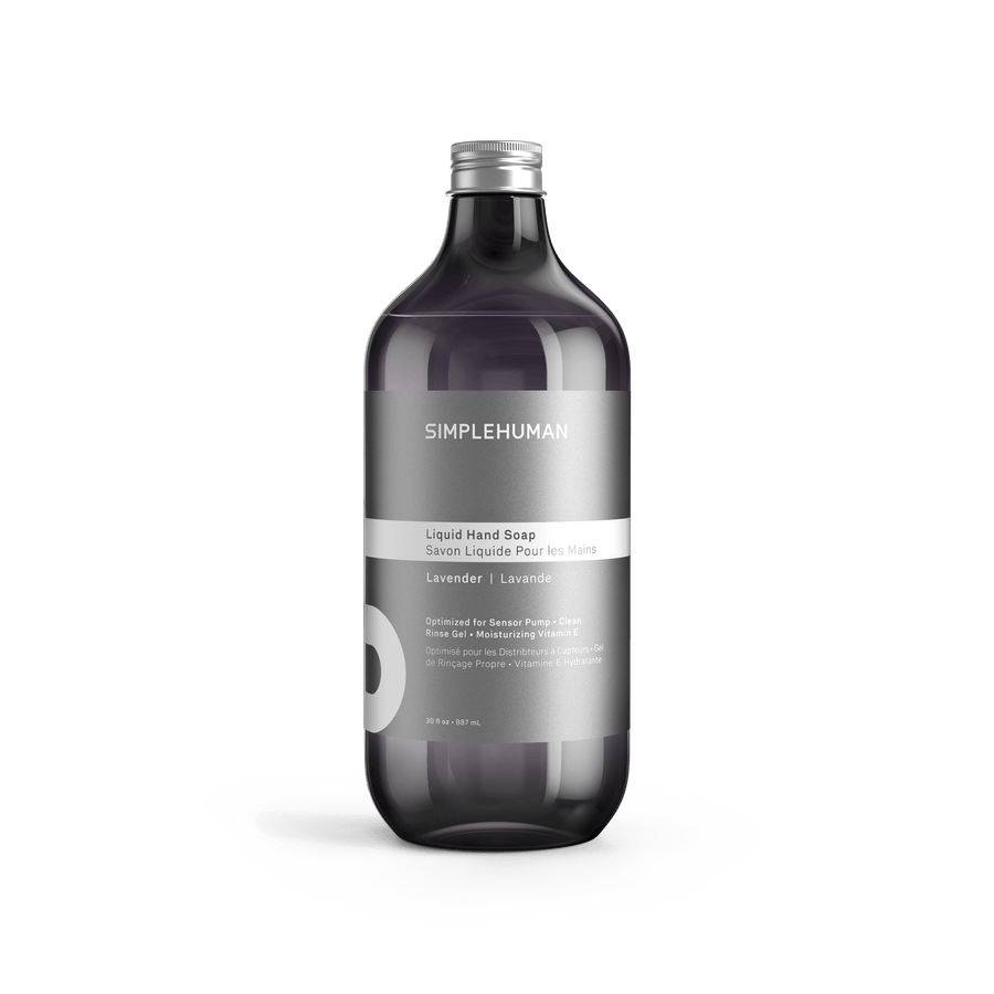 Simplehuman's Lavender Liquid Hand Soap in a charcoal colored bottle and titanium cap.