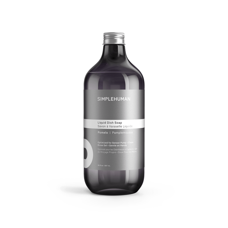 Simplehuman's Pomelo Liquid Dish Soap in a charcoal colored bottle and titanium cap.