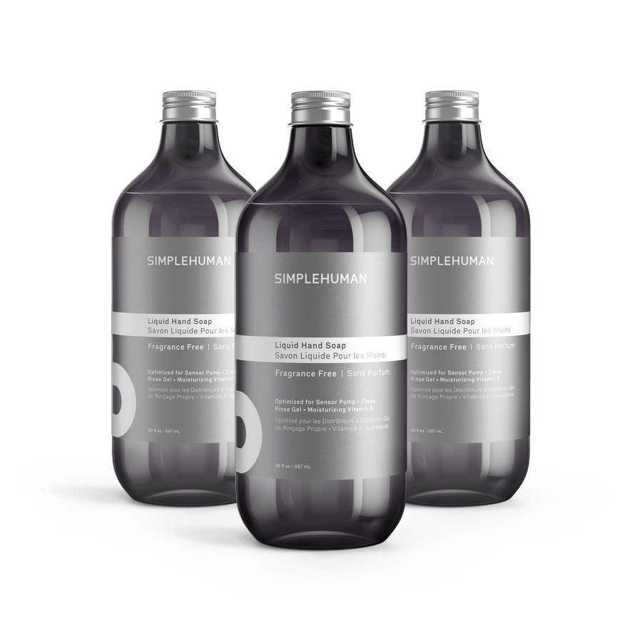 Simplehuman's Fragrance Free Liquid Hand Soap in 3  charcoal colored bottles with titanium caps.