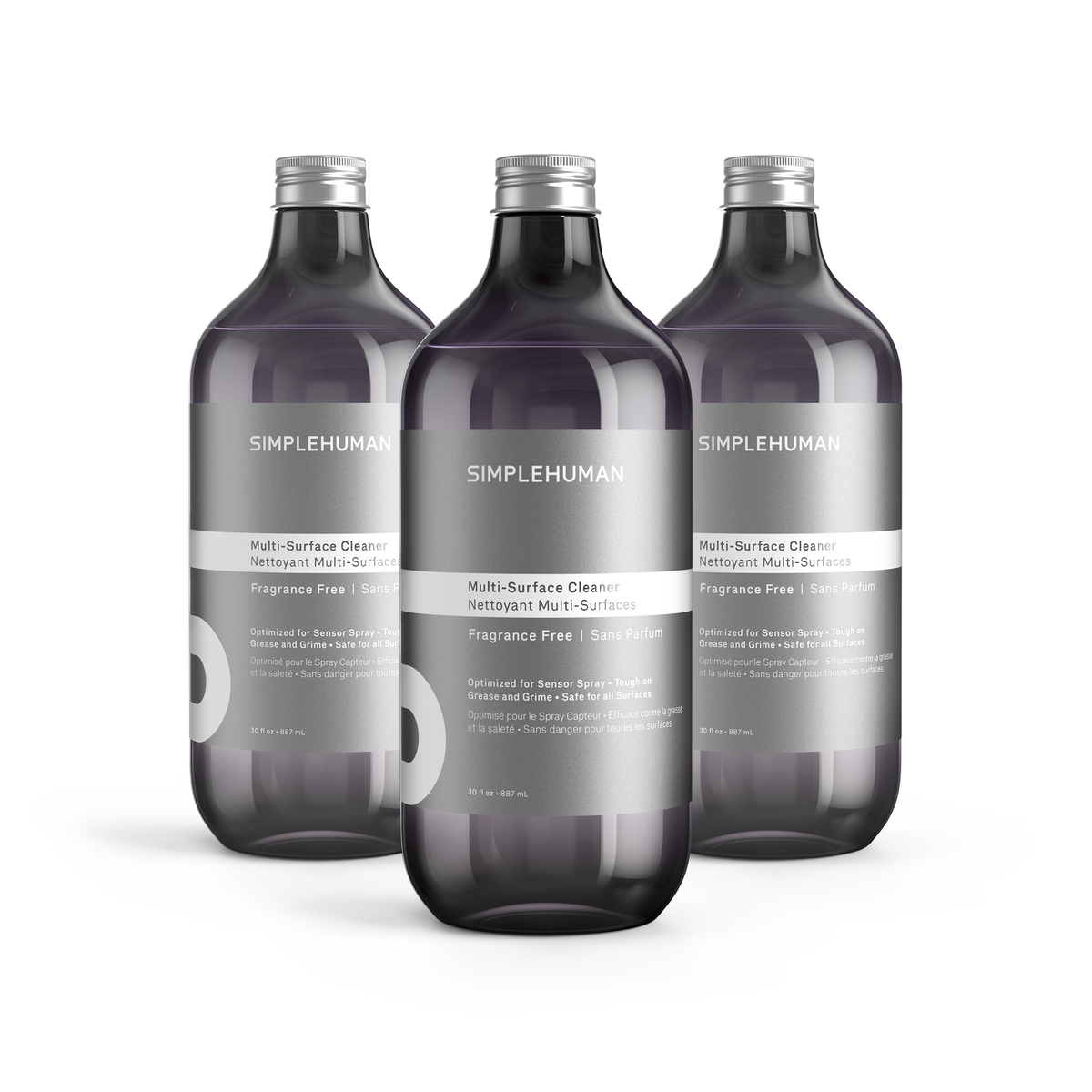 Simplehuman's Fragrance Free Multi-Surface Cleaner in 3 charcoal colored bottles and titanium caps.