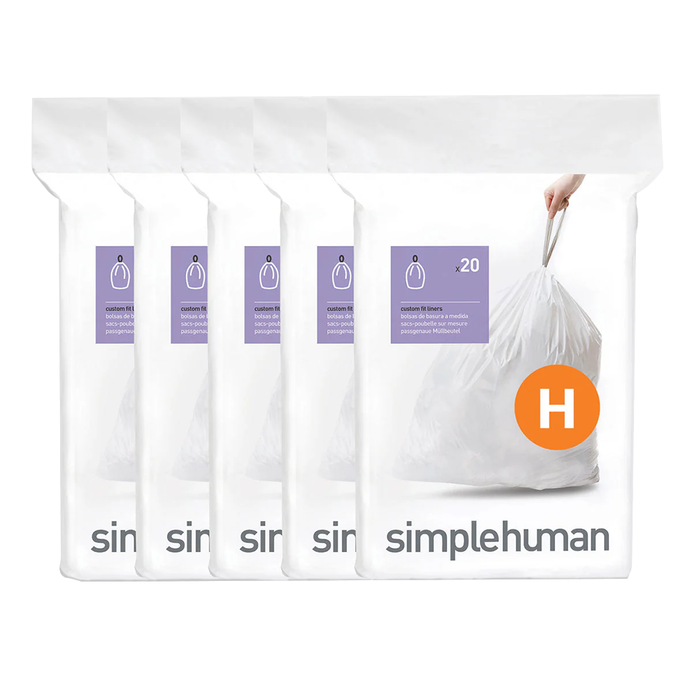 Simplehuman Code H Custom Fit Liners, 5-pack of white drawstring trash bags.