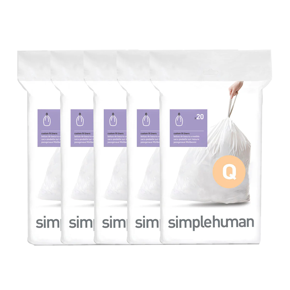 Simplehuman Code Q Custom Fit Liners, 5 packs shown, perfect fit trash bags with durable drawstring closure.