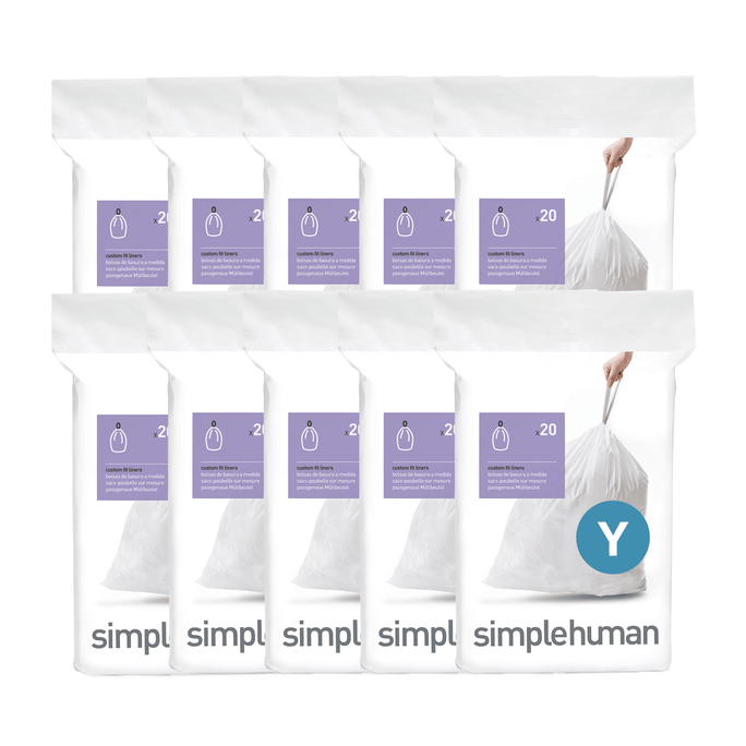 Simplehuman Code Y white Custom Fit Liners bulk bundle (10 packs/200 bags), visible strong drawstring for easy transport.
