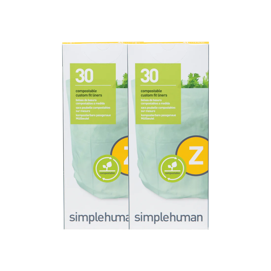 Simplehuman Code Z Compostable Custom Fit Liners, 30-count pack of light green bags, custom fit for composting.