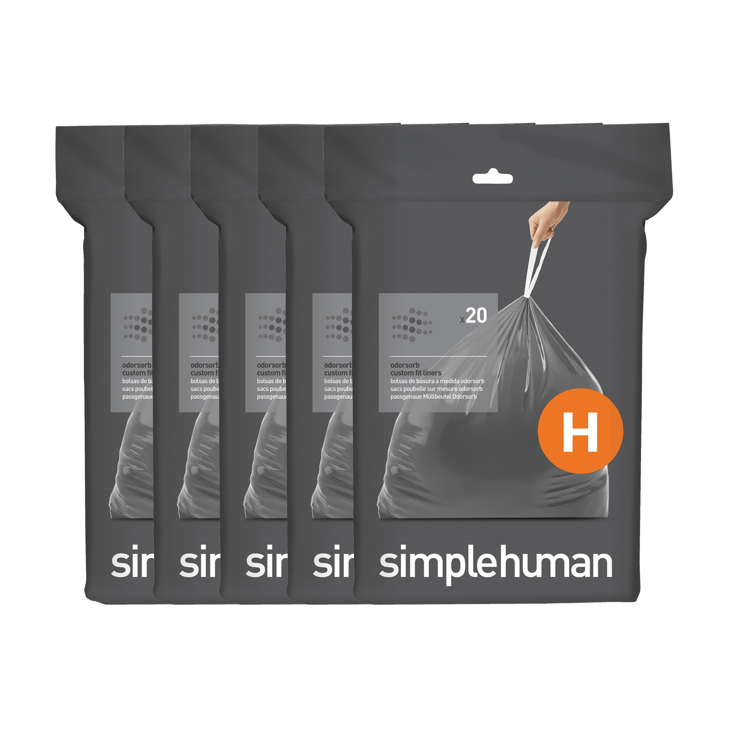 Simplehuman Code H odor sorb custom fit dark gray liners, 5 packs shown, strong drawstring closure.