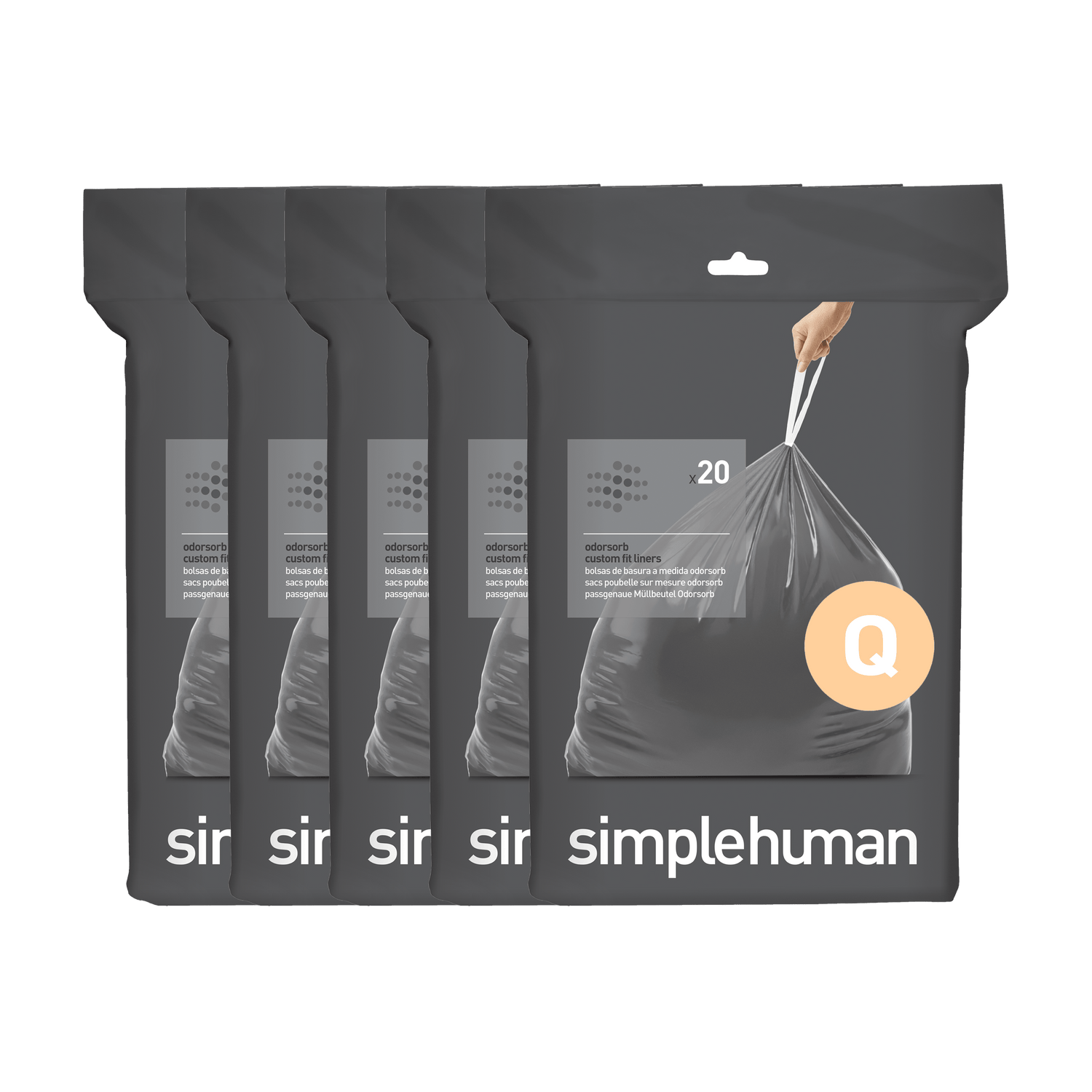 Simplehuman Code Q Custom Fit Odorsorb Liners multi-pack, 20 capacity, featuring secure drawstring closure.