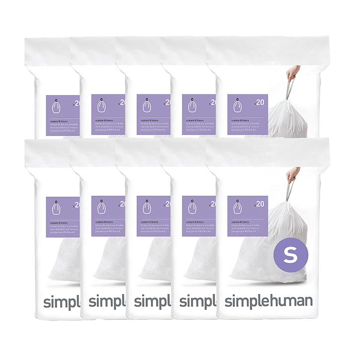 Simplehuman Code S custom fit trash bag 200-pack packaging. Showing 10 packs of 20 white liners.