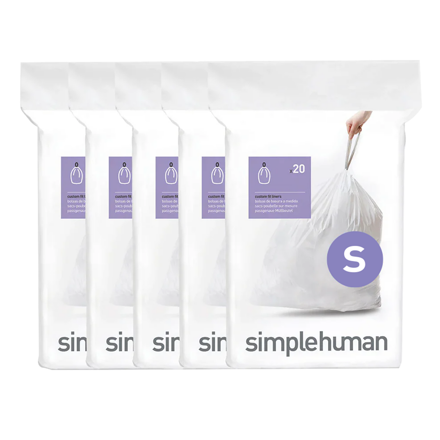 Simplehuman Code S custom fit trash bag 100-pack packaging. Showing 5 packs of 20 white liners.