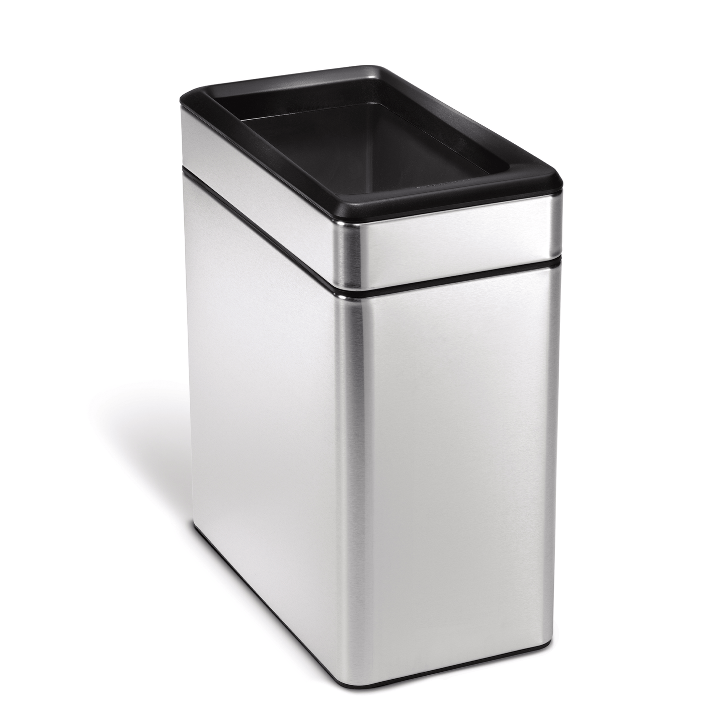 Simplehuman 10L Slim Open Can in Brushed Stainless Steel, narrow profile for small spaces.