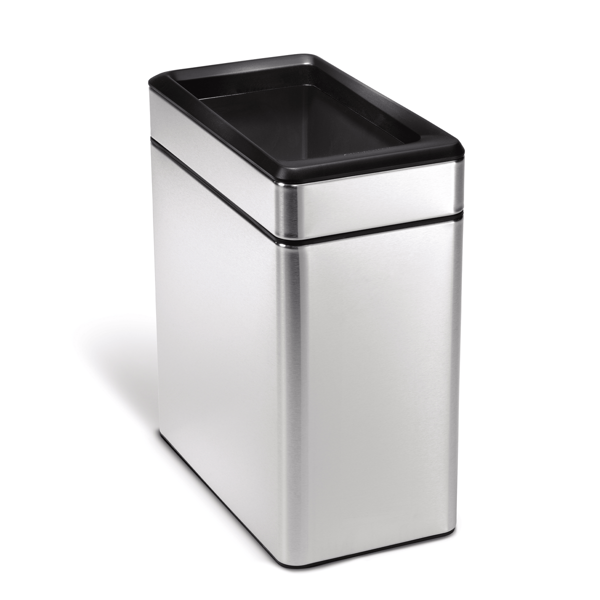 Simplehuman 10L Slim Open Can in Brushed Stainless Steel, narrow profile for small spaces.