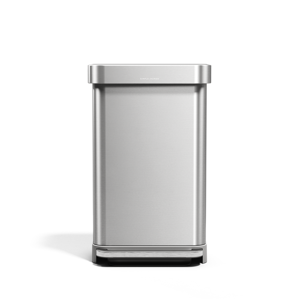 Simplehuman 45L Rectangular Step Can, Brushed Stainless Steel, hands-free pedal and internal liner pocket.