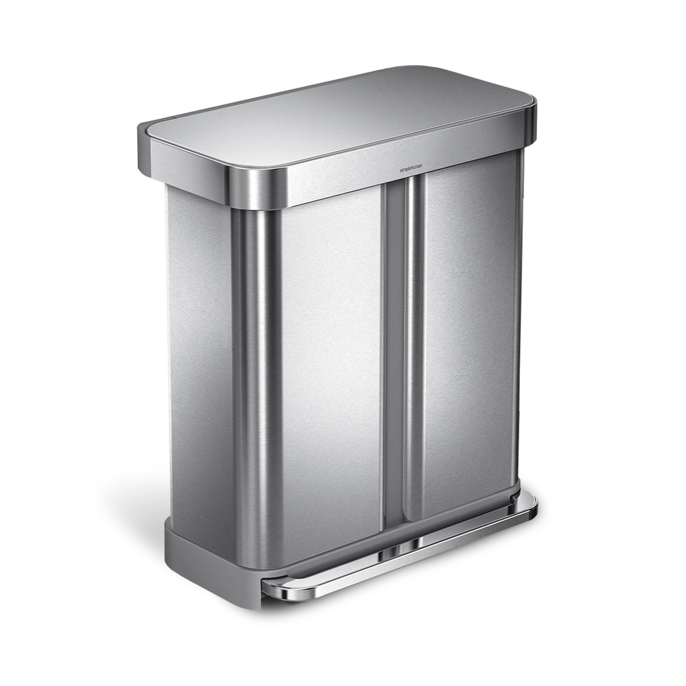 Angled view of Simplehuman Brushed Stainless Steel Rectangular Step Can, dual compartments, hands-free pedal.