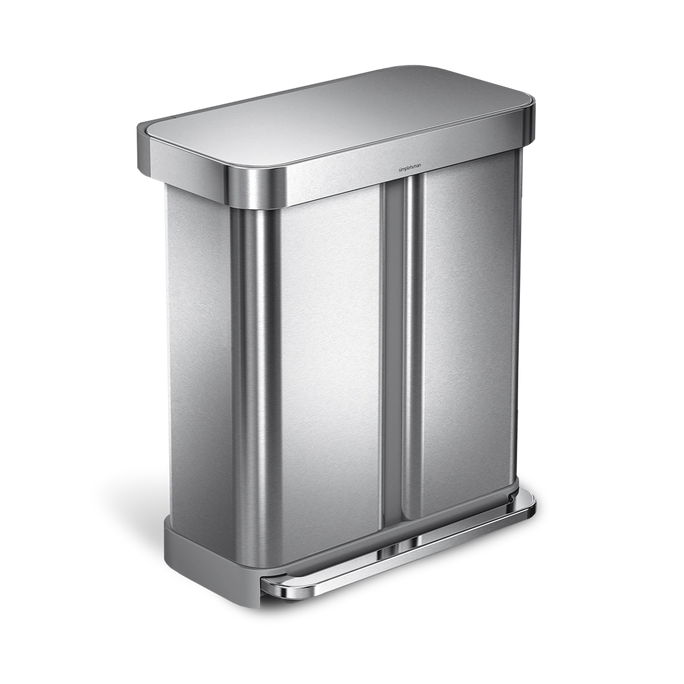 Angled view of Simplehuman Brushed Stainless Steel Rectangular Step Can, dual compartments, hands-free pedal.