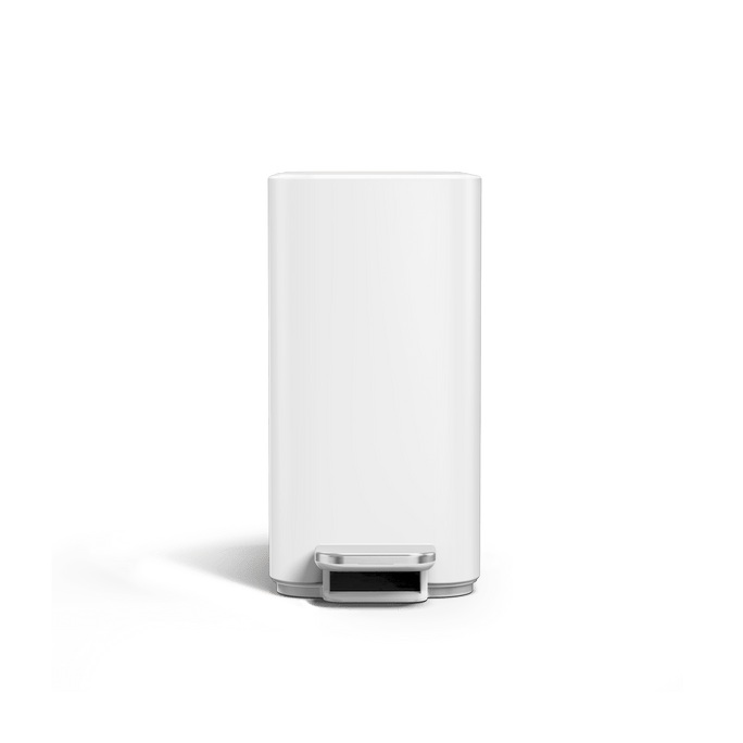 Simplehuman 5L Slim Step Can, White finish, straight front view, hands-free slim design.