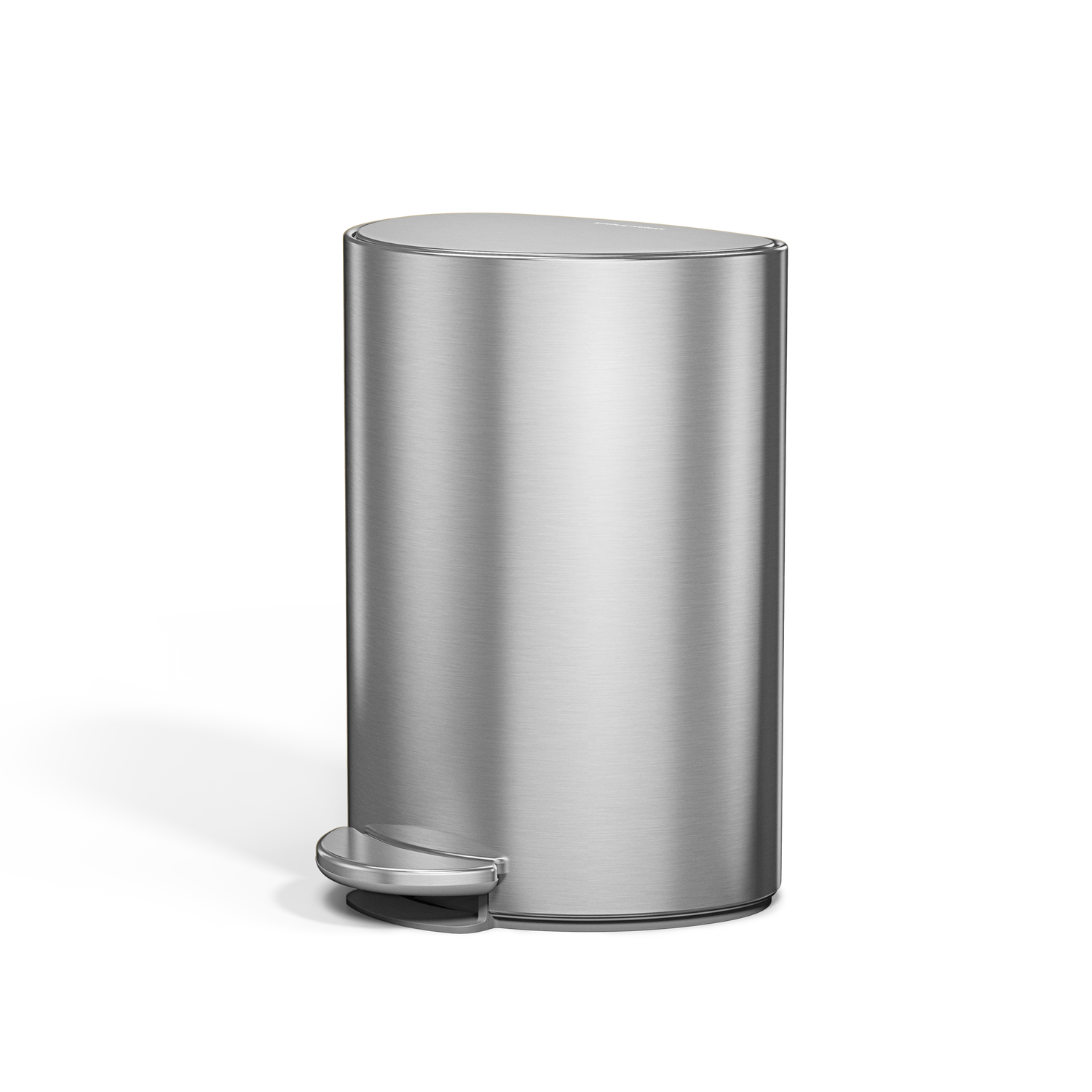 Simplehuman 6L Semi-Round Step Can in Brushed Stainless Steel, hands-free foot pedal, space-saving design.