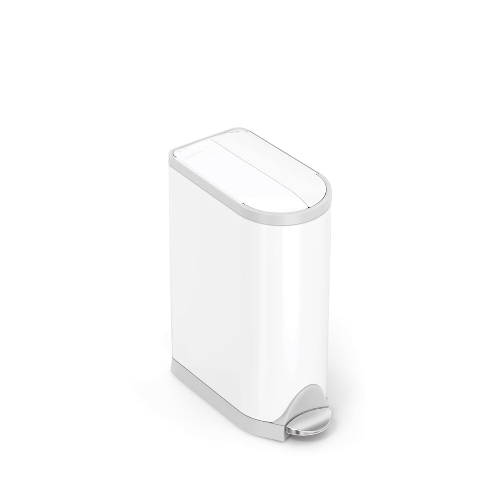 Angled view of Simplehuman Diaper Can with Odorsorb in White, hands-free pedal, sealed lid for odor control.