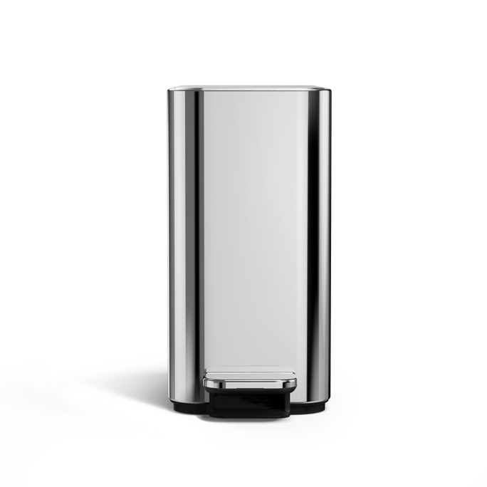 Simplehuman 5L Slim Step Can, Polished Stainless Steel, Front view, hands-free slim design.