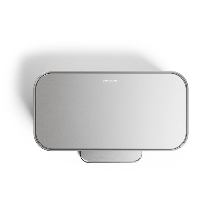 Simplehuman 16L Brushed Stainless Steel Mini Step Can with pedal, lid view.
