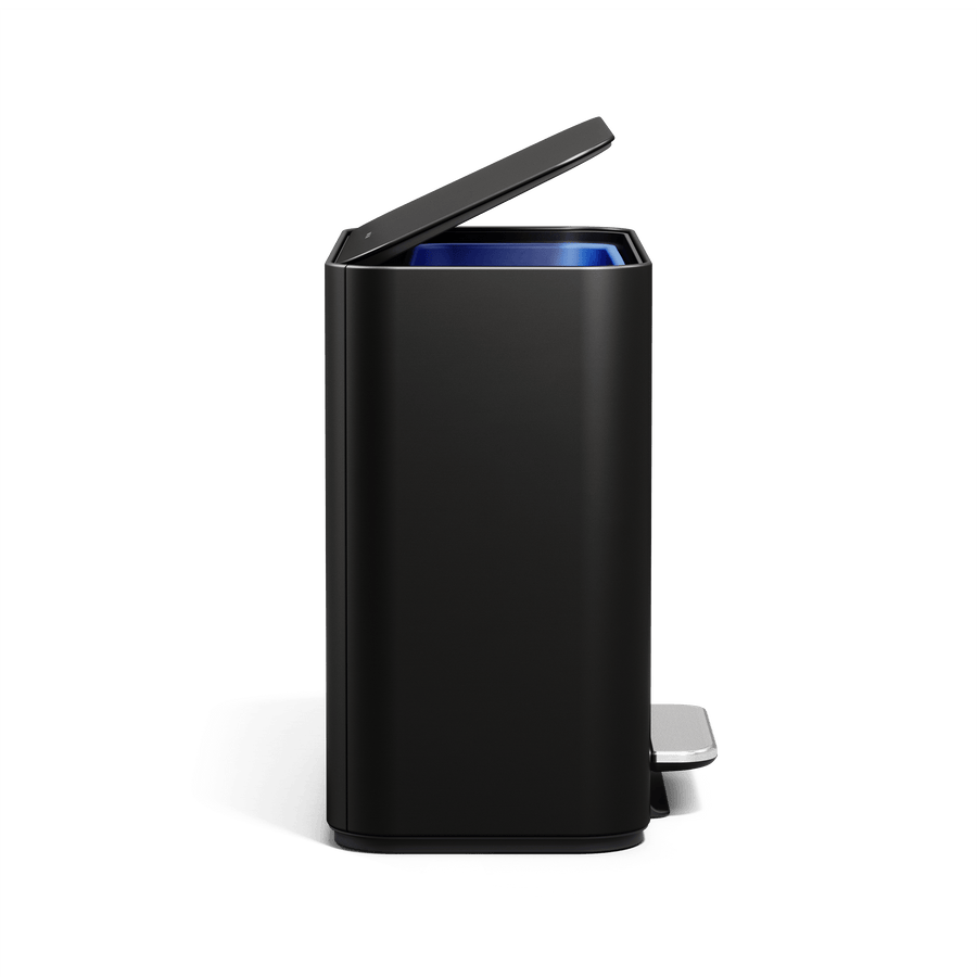 Simplehuman 16L Matte Black Mini Step Can with pedal, side angle.