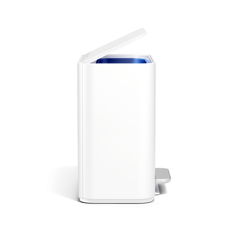 Simplehuman 16L White Mini Step Can with pedal, side angle.
