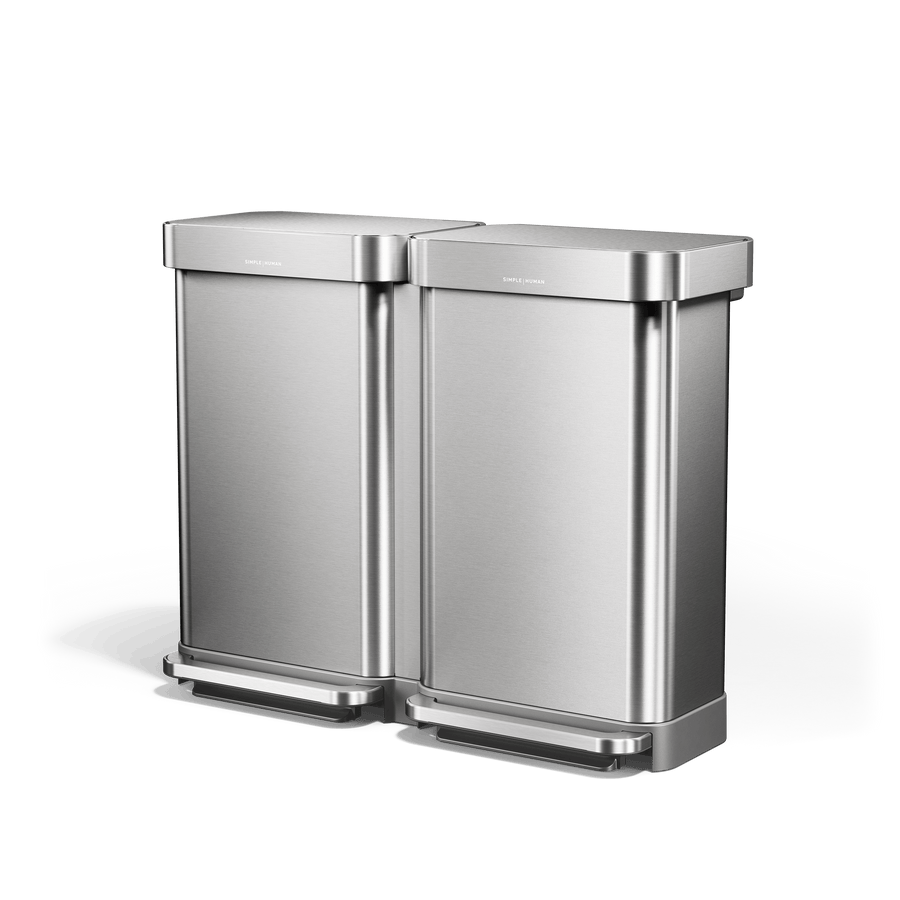 Simplehuman's 90L Step Recycler in Brushed at an angle showcasing more of the right side of the can.