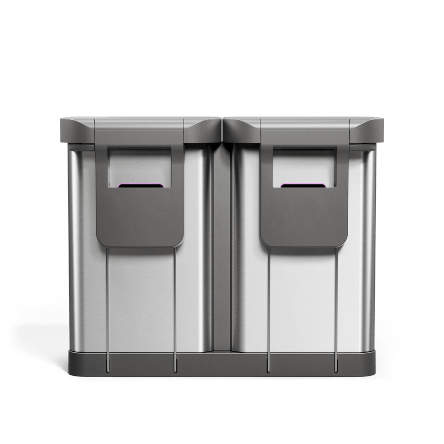 Simplehuman's 90L Step Recycler in Brushed showcasing the back view of the can. The can features a liner pocket that can be used for easy access of grabbing replacement liners so that you never run out. This section is slightly outlined with a light purple accent.