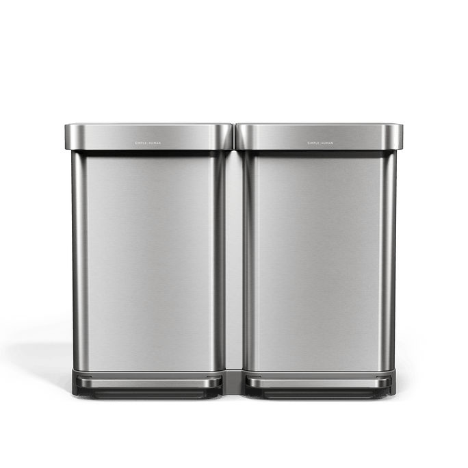 Simplehuman's 90L Step Recycler in Brushed front angle on a transparent background.