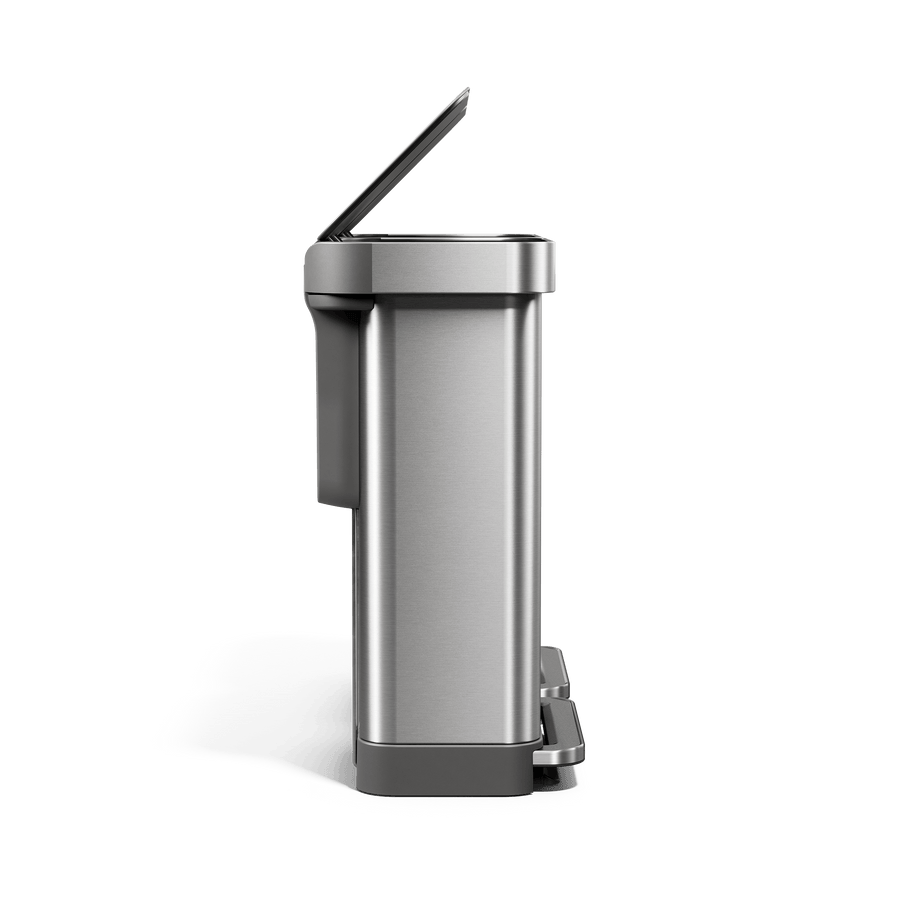 Simplehuman's 90L Step Recycler from a side view with the lid open to showcase how the can opens.
