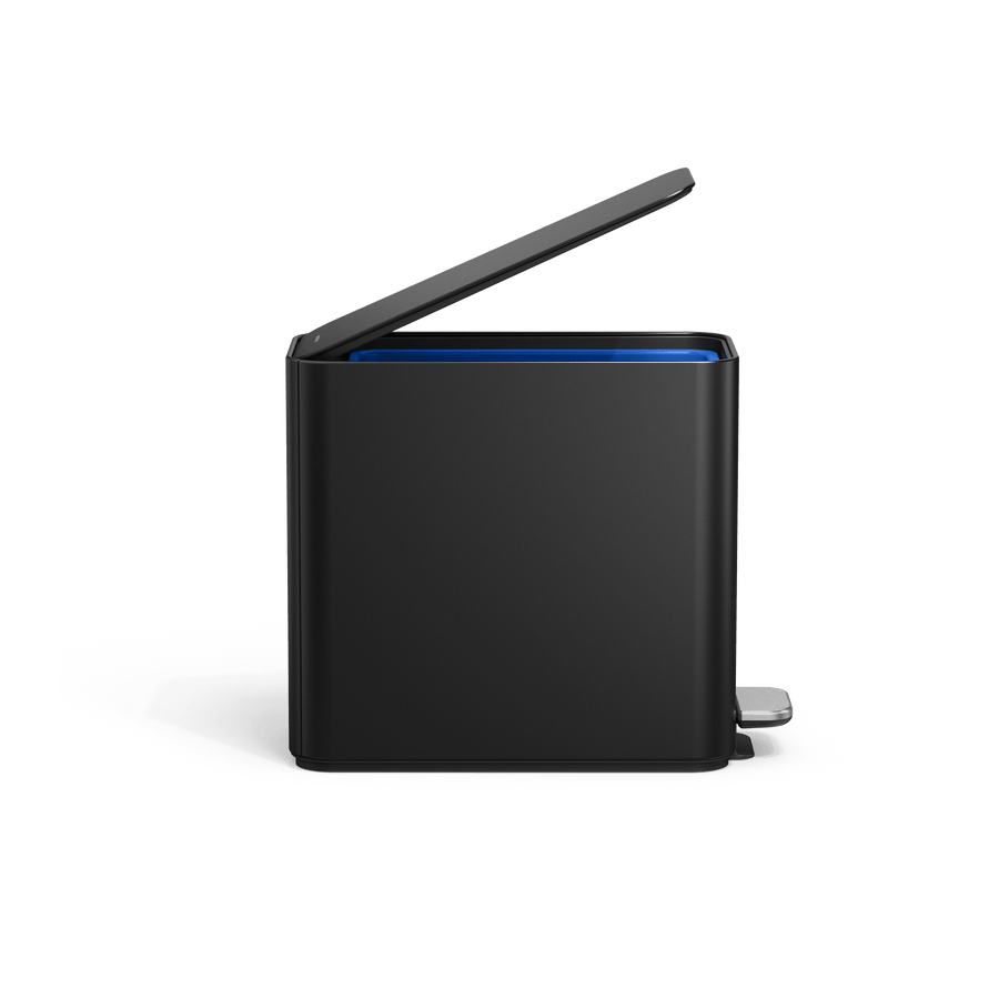 Simplehuman's 9L Slim Step Can in Matte Black side view with the lid open. 