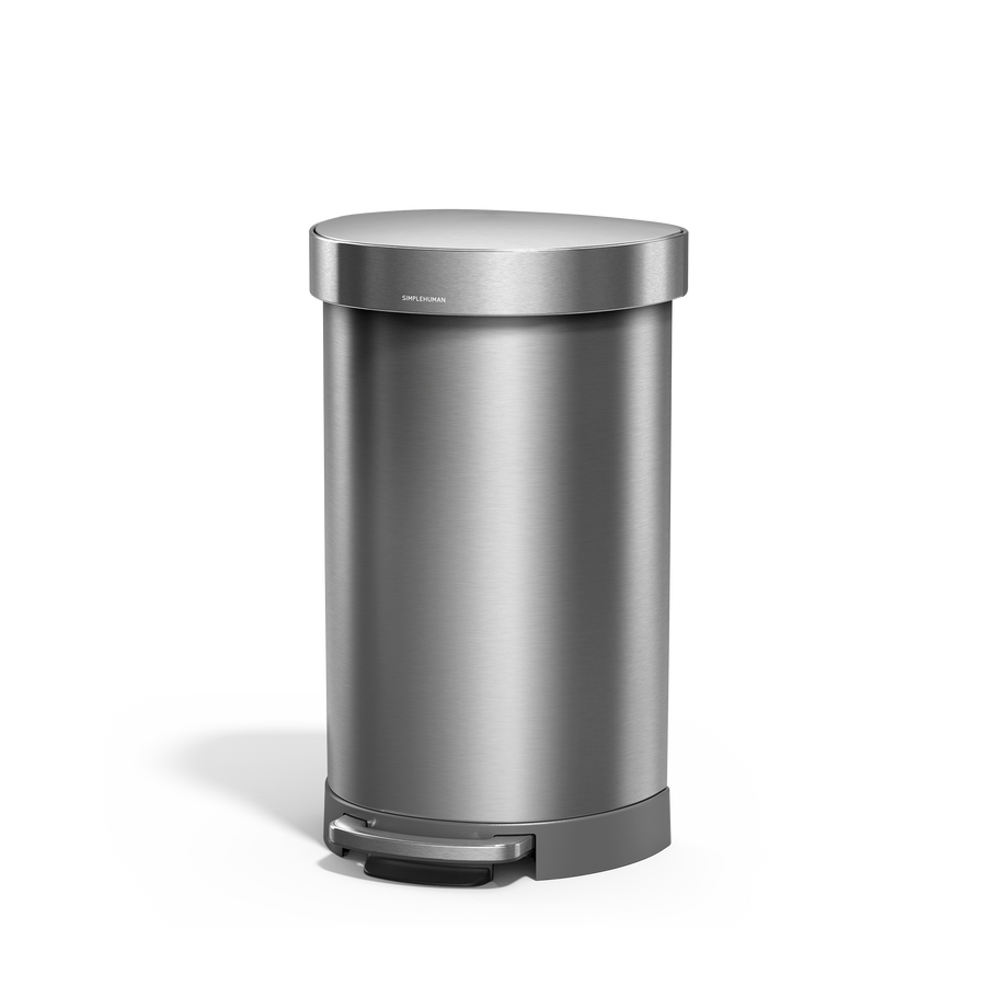 Simplehuman's 45L Semi-Round Step Can in Brushed, side angled view. 