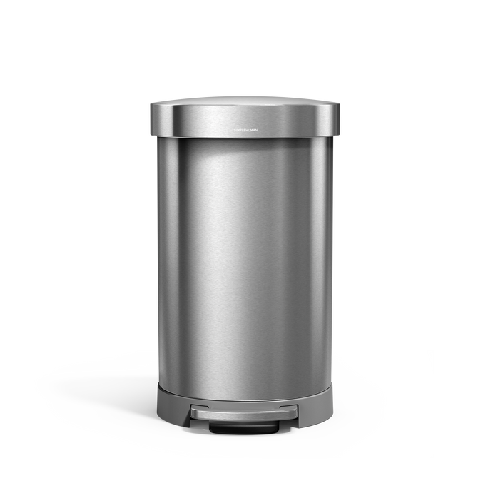 Simplehuman's 45L Semi-Round Step Can in Brushed, front facing view. 