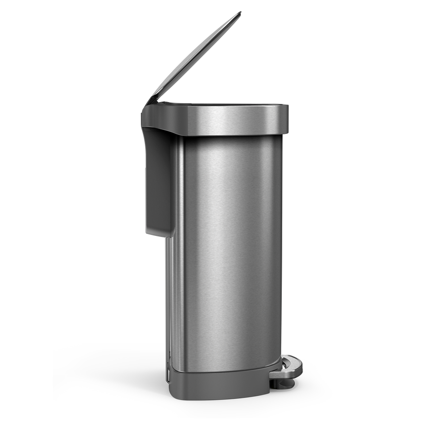 Simplehuman's 45L Semi-Round Step Can in Brushed, side-angled view. 
